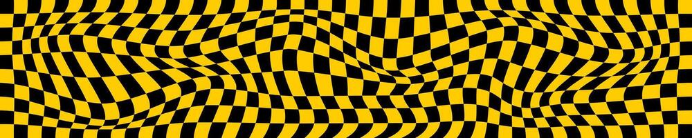 Psychedelic pattern with distorted black and orange squares. Checkered optical illusion. Warped chessboard background. Trippy checkerboard surface. vector