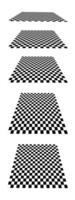 Set of checkered planes in perspective isolated on white background. Tiled floor point of view. Sloped checkerboard texture. Inclined board with black and white squaresd pattern. vector