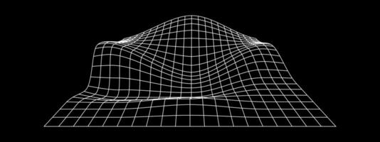 Grid perspective deformation. White terrain wireframe on black background. Relief meshed structure. Distorted lattice surface. vector