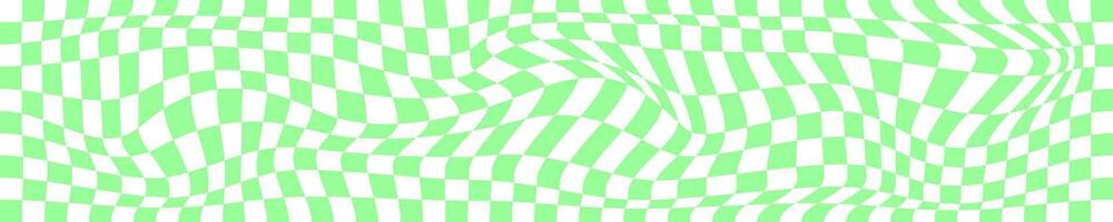 Groovy trippy grid texture. Distorted chessboard background. Checkered optical illusion. Psychedelic pattern with warped green and white squares. Warp checkerboard surface. vector