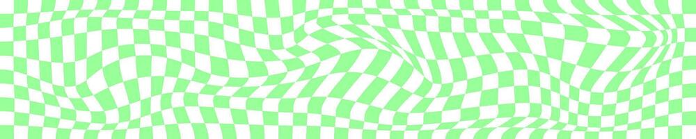 Groovy trippy grid texture. Distorted chessboard background. Checkered optical illusion. Psychedelic pattern with warped green and white squares. Warp checkerboard surface. vector