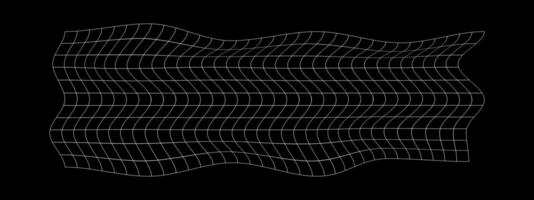 Distorted white grid on black background. Warped mesh texture. Fish net with curvatured effect. Checkered pattern deformation. Bented lattice surface. vector