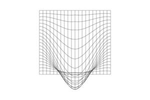 Distorted grid. Mesh warp texture. Futuristic net with convex effect. Geometric deformation. Gravity phenomenon. Bented lattice surface isolated on white background. vector