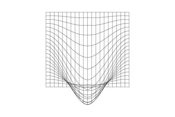 Distorted grid. Mesh warp texture. Futuristic net with convex effect. Geometric deformation. Gravity phenomenon. Bented lattice surface isolated on white background.