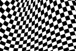 Waving race flag texture. Motocross, rally, sport car competition wallpaper. Warped black and white squares pattern. Checkered curved background. Distorted chessboard layout. vector