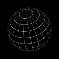 White 3D sphere wireframe isolated on black background. Orb model, spherical shape, grid ball. Earth globe figure with longitude and latitude, parallel and meridian lines. vector