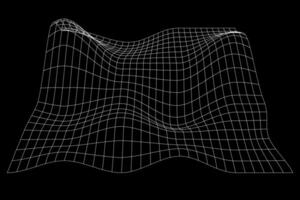 White terrain wireframe on black background. Grid perspective deformation. Meshed relief structure. Distorted lattice texture. vector