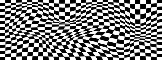 Distorted chessboard background. Psychedelic pattern with black and white squares. Warped race flag texture. Trippy checkerboard surface. Checkered optical illusion. vector