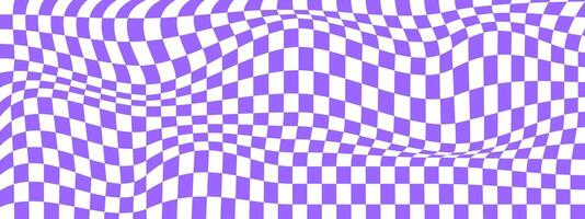 Checkered optical illusion. Distorted chessboard with purple and white squares. Psychedelic pattern. Warped checkerboard texture. Trippy background. vector