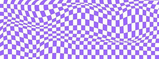 Checkered optical illusion. Distorted chessboard with purple and white squares. Psychedelic pattern. Warped checkerboard texture. Trippy background. vector
