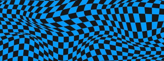 Distorted chess board background. Psychedelic pattern with warped black and blue squares. Trippy checkerboard texture. Checkered optical illusion. vector