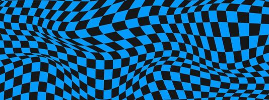 Distorted chess board background. Psychedelic pattern with warped black and blue squares. Trippy checkerboard texture. Checkered optical illusion. vector