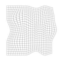 Distorted grid texture. Warped retrofuturistic mesh. Net with curvatured effect. Chequered pattern deformation. Bented lattice surface isolated on white background. vector