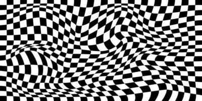 Distorted chess board background. Checkered optical illusion. Psychedelic pattern with warped black and white squares. Race flag texture. Trippy checkerboard surface. vector