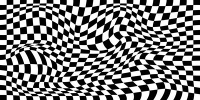 Distorted chess board background. Checkered optical illusion. Psychedelic pattern with warped black and white squares. Race flag texture. Trippy checkerboard surface. vector