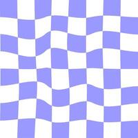 Distorted purple and white chessboard background. Crazy checkerboard texture. Chequered optical illusion. Psychedelic pattern with warped squares. Hypnotizing game. vector