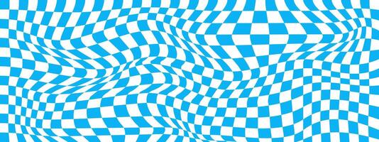 Distorted blue and white chessboard background. Chequered optical illusion. Psychedelic pattern with warped squares. Trippy checkerboard texture vector