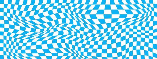 Distorted blue and white chessboard background. Chequered optical illusion. Psychedelic pattern with warped squares. Trippy checkerboard texture vector