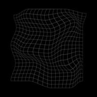 Distorted white grid isolated on black background. Warped wireframe texture. Net with curvatured effect. Checkered pattern deformation. Bented lattice surface. vector