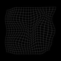 Distorted square grid. Warped mesh texture. Curvatured net. Checkered pattern deformation. Bented white lattice surface isolated on black background. vector