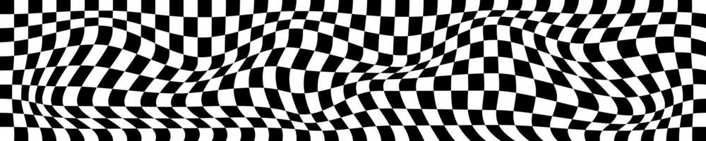 Psychedelic horizontal pattern with warped black and white squares. Distorted chess board background. Hypnotizing checkered optical illusion. Race flag texture. Trippy checkerboard surface. vector