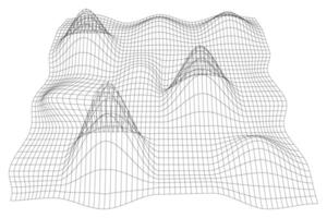 Distorted terrain wireframe on white background. Grid perspective deformation. Relief meshed structure. Deformed fish net surface vector