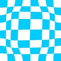 Distorted chessboard. Dizzy pattern with warped blue and white squares. Psychedelic chequered optical illusion. Trippy checkerboard surface. vector