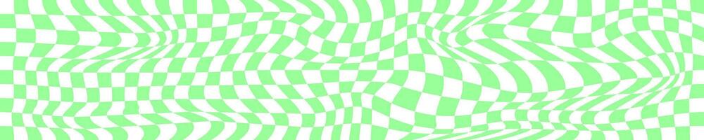 Psychedelic pattern with warped green and white squares. Distorted chess board background. Checkered optical illusion. Crazy geometric design. Trippy checkerboard surface. vector