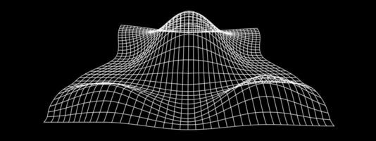 Grid perspective deformation. White terrain wireframe on black background. Relief meshed structure. Distorted lattice surface. Futuristic net texture. vector