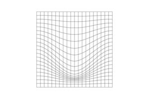 Distorted square grid. Geometric deformation effect. Mesh warp texture. Convex futuristic net. Gravity phenomenon. Bented lattice surface isolated on white background. vector