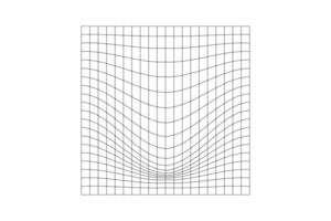 Distorted square grid. Geometric deformation effect. Mesh warp texture. Convex futuristic net. Gravity phenomenon. Bented lattice surface isolated on white background. vector