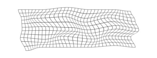 Distorted grid surface. Warped fish net. Curvature mesh texture. Checkered pattern deformation. Bented lattice isolated on white background. vector