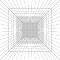 Room, hall, studio or portal square wireframe in perspective. Box grid structure. Mesh in 3D dimension. Isometric net frame. Engineering, architecting or technical scheme. vector