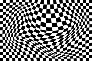 Distorted chequered chessboard background. Vaporing, stretching, deeping effect. Psychedelic pattern with warped black and white squares. Race flag texture. Trippy checkerboard. vector