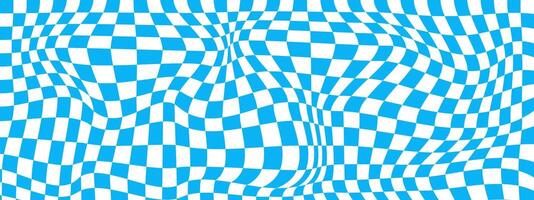 Psychedelic pattern with warped blue and white squares. Distorted chess board background. Checkered optical illusion effect. Trippy checkerboard texture. vector