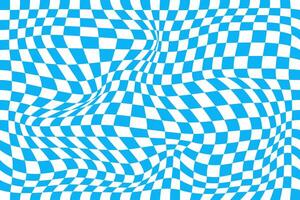 Psychedelic pattern with warped blue and white squares. Distorted chess board background. Chequered visual illusion. Trippy checkerboard surface. vector