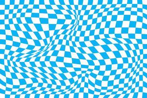 Psychedelic pattern with warped blue and white squares. Distorted chess board background. Chequered visual illusion. Trippy checkerboard surface. vector