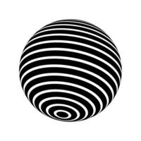 Striped 3D sphere. Ball model. Spherical shape with concentric black and white circles pattern. Orb surface. Globe figure isolated on white background. vector