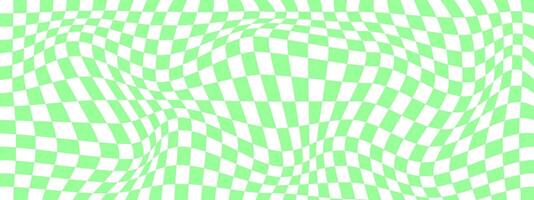 Distorted checkered pattern with green and white squares. Psychedelic chessboard background. Odd optical illusion. Trippy checkerboard texture. vector