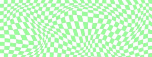 Distorted checkered pattern with green and white squares. Psychedelic chessboard background. Odd optical illusion. Trippy checkerboard texture. vector