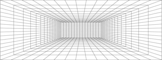 Room, hallway, studio or portal wireframe in perspective. Box grid structure. Mesh in 3D dimension. Engineering, architecting or technical outline scheme. Depth frame. vector