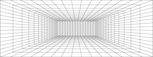 Room, hallway, studio or portal wireframe in perspective. Box grid structure. Mesh in 3D dimension. Engineering, architecting or technical outline scheme. Depth frame. vector