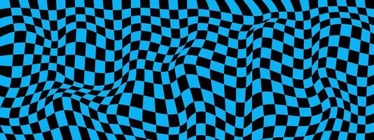 Distorted blue and black chessboard background. Twisted optical illusion. Psychedelic pattern with warped squares. Trippy checkerboard surface. Fantastic checkered texture. vector