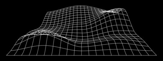 White terrain wireframe on black background. Relief meshed structure. Grid perspective deformation. Distorted lattice surface. vector