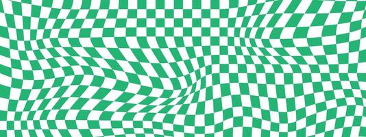 Distorted green and white chessboard background. Dizzy checkered visual illusion. Psychedelic pattern with warped squares. Trippy checkerboard surface. vector