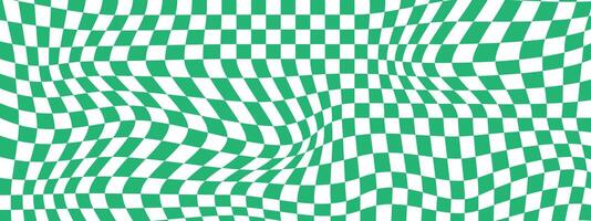 Distorted green and white chessboard background. Dizzy checkered visual illusion. Psychedelic pattern with warped squares. Trippy checkerboard surface. vector