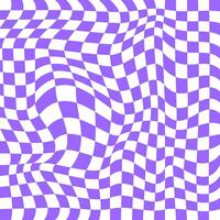 Distorted chessboard surface. Chequered optical illusion in 2yk style. Psychedelic dizzy pattern with warped purple and white squares. Trippy checkerboard background. vector