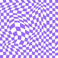 Distorted chessboard surface. Chequered optical illusion in 2yk style. Psychedelic dizzy pattern with warped purple and white squares. Trippy checkerboard background. vector