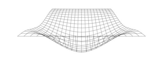 Distorted grid surface. Mesh warp texture. Bented lattice isolated on white background. Futuristic net with convex effect. Geometric deformation. Gravity phenomenon. vector