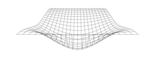 Distorted grid surface. Mesh warp texture. Bented lattice isolated on white background. Futuristic net with convex effect. Geometric deformation. Gravity phenomenon. vector